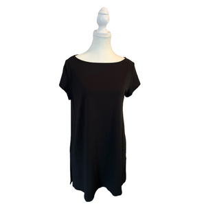 EILEEN FISHER Sz M Black Short Sleeve Tshirt Dress Tunic Side Slits Soft Viscose